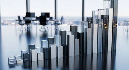 Obraz premium Rising bar chart graph in modern city office meeting room, business growth and corporate success concept with financial data visualization for presentation