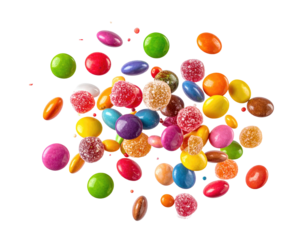 Overhead shot of colorful candies scattered on a dark surface, sugary treats