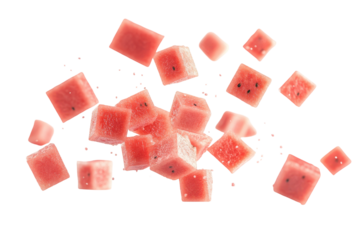Fresh watermelon cubes falling isolated on transparent background. Flying falling watermelon cubes isolated on white background.