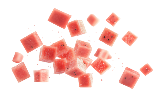 Fresh watermelon cubes falling isolated on transparent background. Flying falling watermelon cubes isolated on white background.