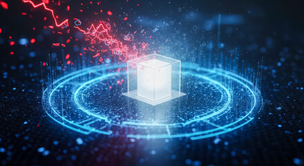 Cyber attack on digital data cube with red destructive energy, cyber security concept showing vulnerability and risk of hacking or virus infection