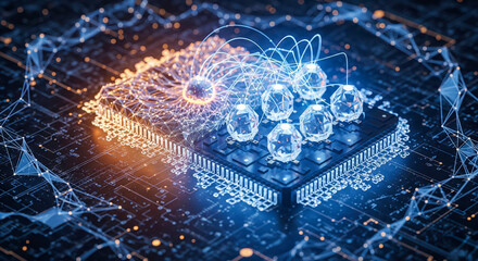 Quantum computer processor with glowing qubits and neural network connections, futuristic technology concept of AI and advanced data processing on circuit board