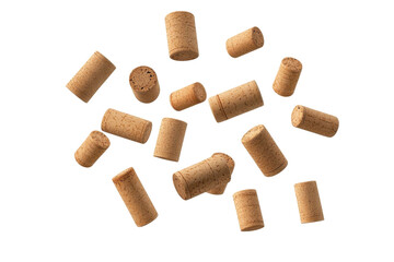 Small wooden cork pieces scattered isolated on transparent background. Flying falling wine corks isolated on white background.