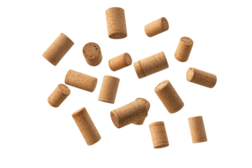 Small wooden cork pieces scattered isolated on transparent background. Flying falling wine corks isolated on white background.