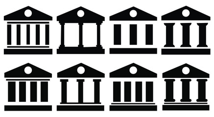 Bank and Courthouse Icon Set – Flat and Colored Vector Symbols for Finance, Government, and Legal UI Design 