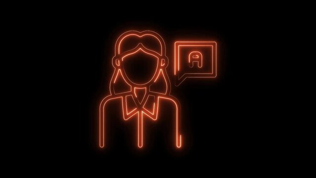 Neon woman translator with speech bubble explaining foreign language concept animation