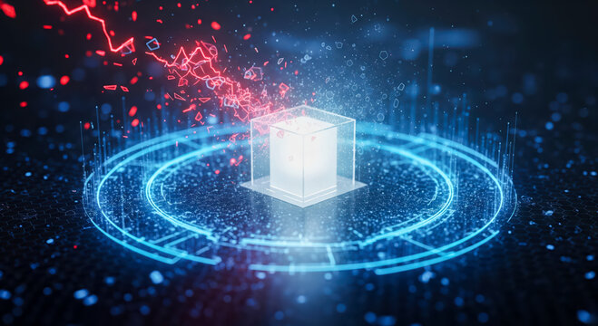 Cyber attack on digital data cube with red destructive energy, cyber security concept showing vulnerability and risk of hacking or virus infection - Powered by Adobe