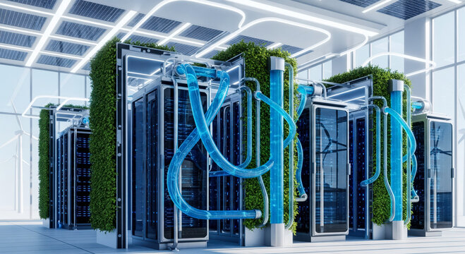 Green data center with server racks and liquid cooling system, sustainable IT infrastructure concept powered by solar panels and renewable energy technology