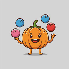 Smiling pumpkin character juggling colorful bowling-style balls with playful energy on a light gray background.