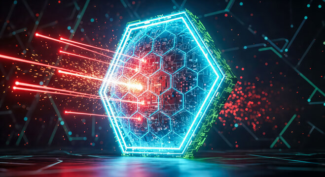 Cyber security firewall concept with hexagonal shield deflecting red laser attacks, abstract technology background showing network protection from ddos and malware