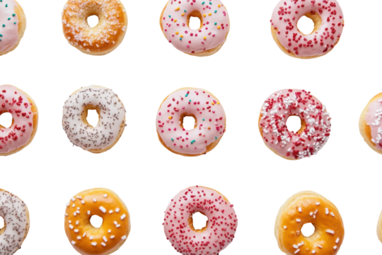 Assortment of colorful donuts with sprinkles isolated on transparent background.