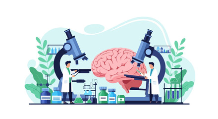 Flat style illustration of doctors studying the human brain with microscope and lab equipment, representing neuroscience, mental health research, innovation, and medical science