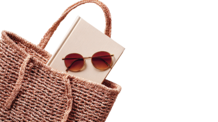 Minimalist beach bag with stylish sunglasses and a book, top view isolated on a Transparent background, PNG file.