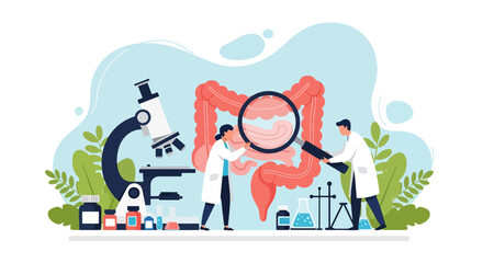 Flat style illustration of doctors studying human intestines with magnifying glass, microscope, and lab equipment, symbolizing digestive health research, medicine, and medical science