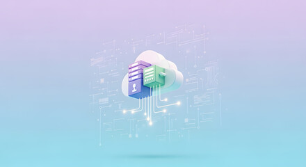 Cloud Storage Icon with Digital Data Flow on Gradient Background