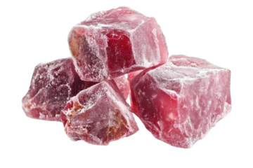 Frozen beef cube isolated on transparent background. Frozen meat chunk isolated on white or white background.