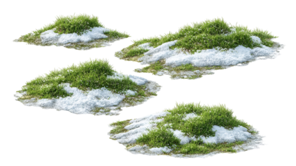  Isolated green grass meadows with melting snow realistic winter thaw patches clean cutout on transparent background for seasonal design landscaping scenes and nature visuals