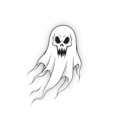 Cartoon illustration of a spooky white ghost with a skull face and flowing fabric.