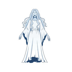 A ghostly figure with long flowing hair and a white dress stands alone.