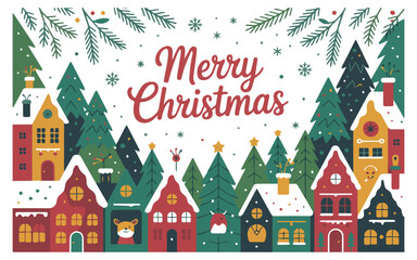 Naklejka premium Charming Merry Christmas scene of snow covered village houses nestled among festive evergreen trees, evoking a cozy holiday atmosphere full of cheer