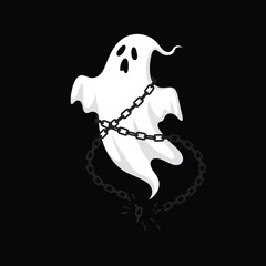 Cartoon ghost figure wrapped in broken chains against a black background.