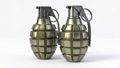 Silver and gold metallic pineapple-style hand grenades with safety levers and pins, placed side by side on plain white background.