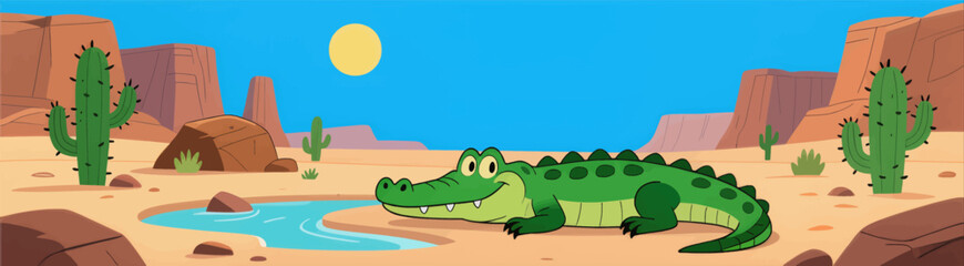Obraz premium Calm desert oasis with friendly alligator under bright sun