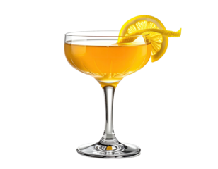 A classic cocktail, amber-colored in a stemmed glass, lemon twist garnish