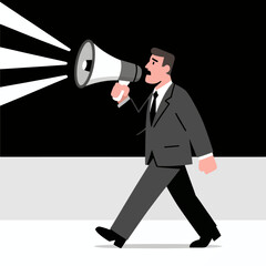 Fototapeta premium Businessman shouting through megaphone against black background