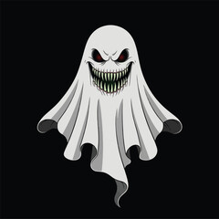 Cartoon illustration of a menacing ghost with sharp teeth and red eyes, floating against a dark background.