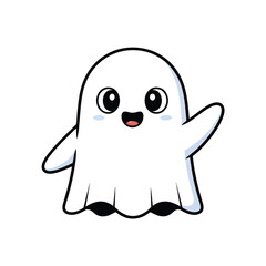 Cartoon ghost waving with a happy expression, isolated on a white background.