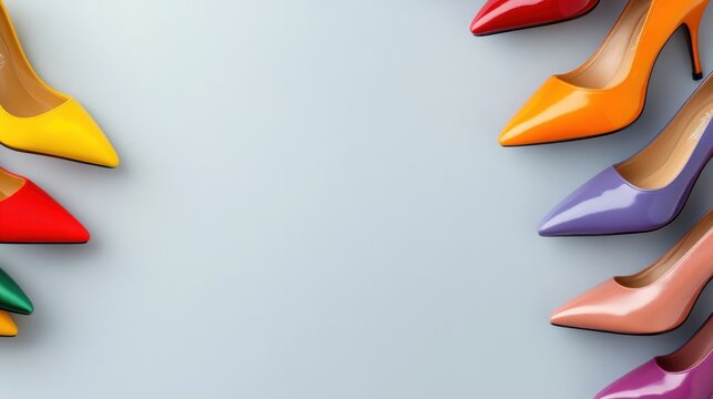 Grey background featuring many stylish and colorful high heels - Powered by Adobe
