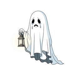 A sad cartoon ghost, shedding tears, holding a lantern, isolated on white.
