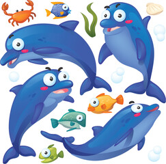 Isolated Cute Dolphin Cartoon Collection