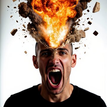 a man with his mouth open and a bomb exploding out of his head