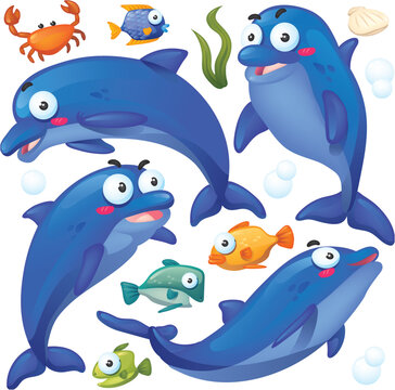 Isolated Cute Dolphin Cartoon Collection