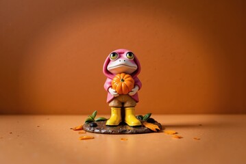 a figurine of a frog with a pink raincoat