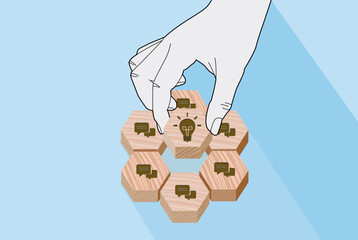 Selecting Bright Ideas from Collaborative Conversations, Hand picks light bulb icon among speech bubble blocks in honeycomb