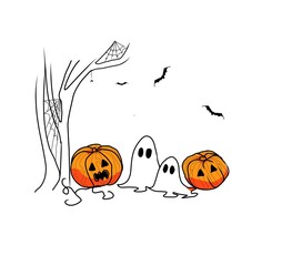 Background halloween cartoon style cute face, pumpkin ghosts  