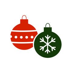 Red and green Christmas ornaments with white patterns, isolated on white background