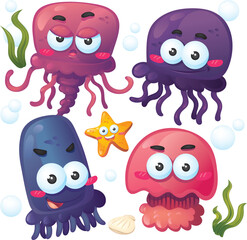 Fototapeta premium Isolated Cute Jellyfish Cartoon Collection