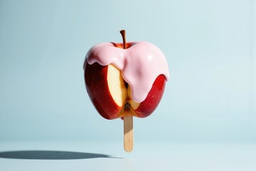 an apple on a stick with a pink icing