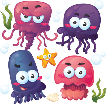 Isolated Cute Jellyfish Cartoon Collection