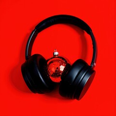 a pair of headphones on a red background