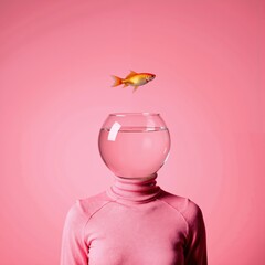 a woman wearing a pink sweater and a goldfish in a bowl