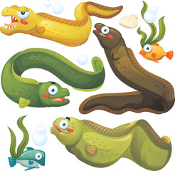 Isolated Cute Moray Eel Cartoon Collection