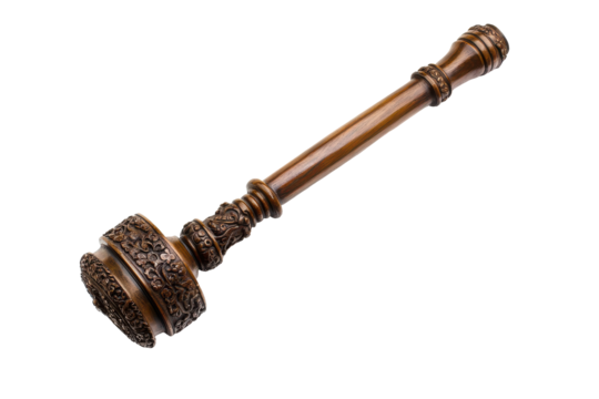 Antique ornate wooden mace isolated on transparent background. Gavel isolated isolated on white background.