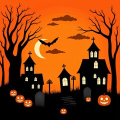 halloween background with pumpkins and graveyard