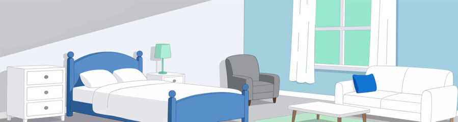 Cozy minimalist bedroom with blue accents and soft natural light