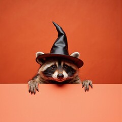 a raccoon wearing a witch hat peeks over a blank sign